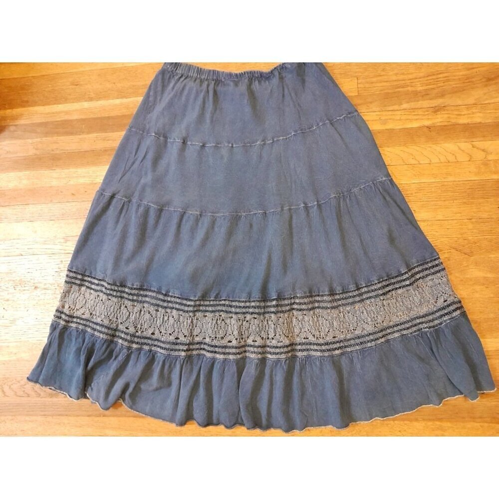 Womens Tiered Crochet Accent Ruffle Hem Cowgirl Casual Pull On Midi Skirt Sz PM